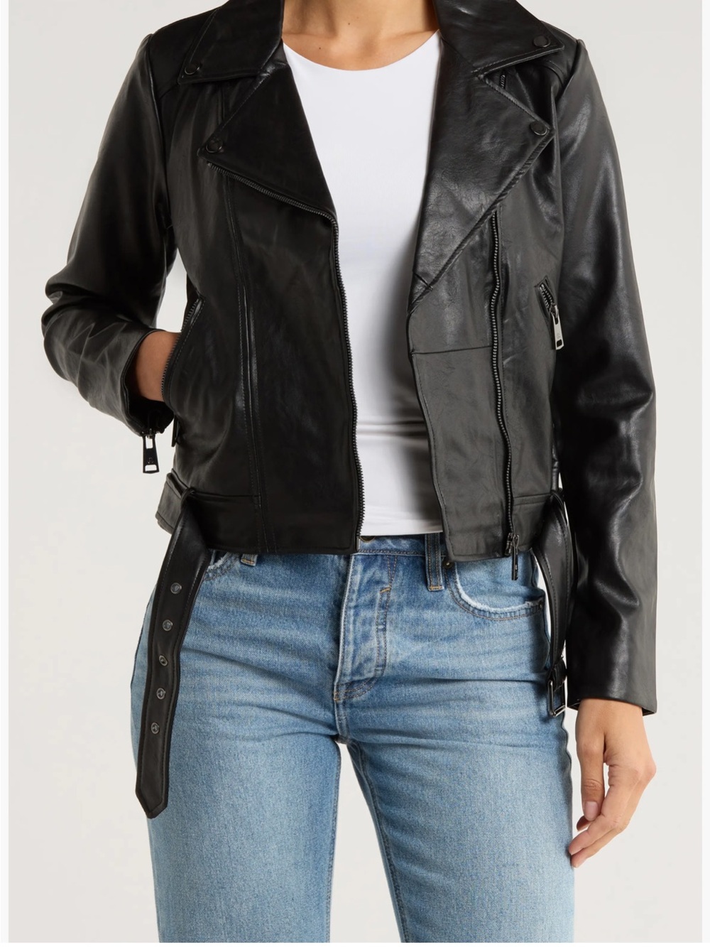 NWT Elodie Black Faux Leather Moto Jacket with Belted Waist